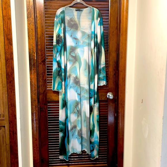 PrettyLittleThing Long Green Semi Sheer Mesh Kimono - Picture 4 of 10